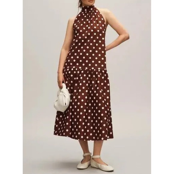 Maeve Polka Dot Halter Neck Midi Dress Sleeveless Brown White Women's XP NWT - Picture 1 of 5